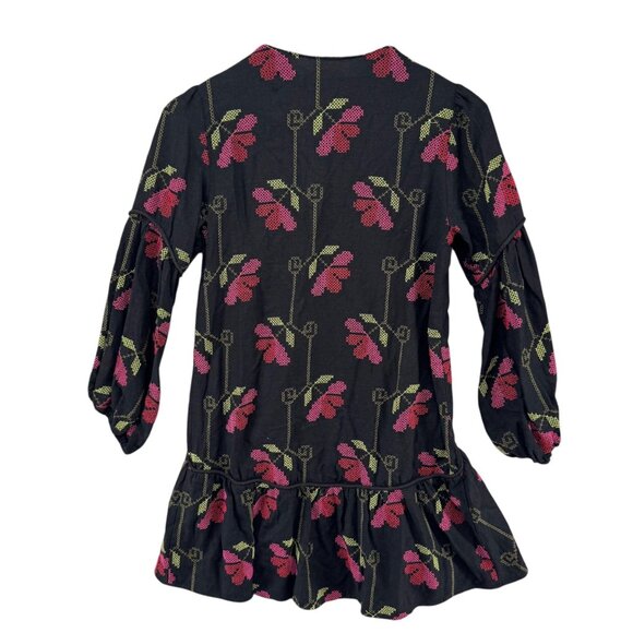 Dress To Tunic Top Womens Black Pink Floral Embroidered 3/4 Sleeve Sz PP 2-4 - Picture 2 of 9